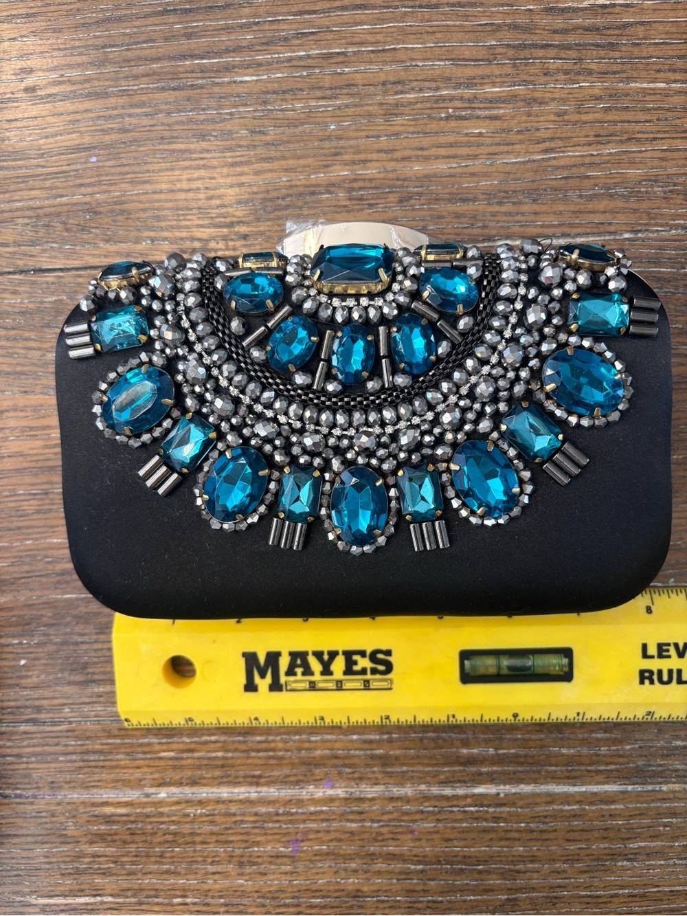 Embellished Teal Crystal Black Clutch